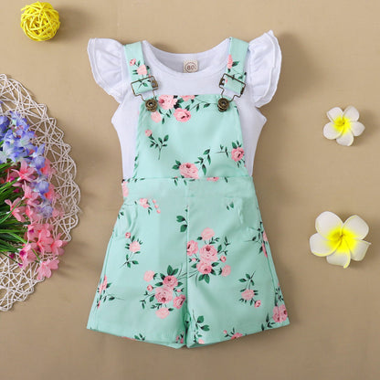 Short Sleeve Flounced Sleeve T-shirt Floral Suspender Pants Suit
