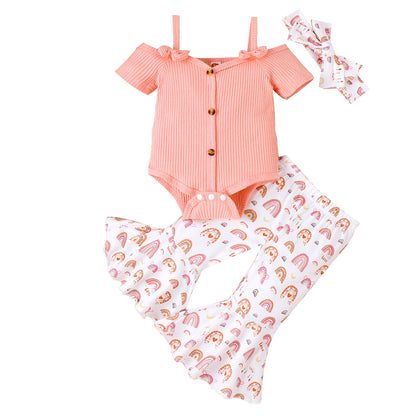 Girls' Short-sleeved Shirt Bell-bottom Pants Three-piece Set