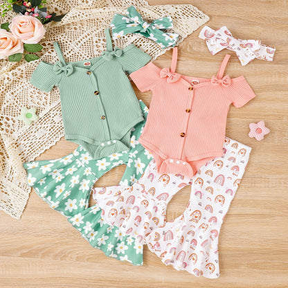 Girls' Short-sleeved Shirt Bell-bottom Pants Three-piece Set