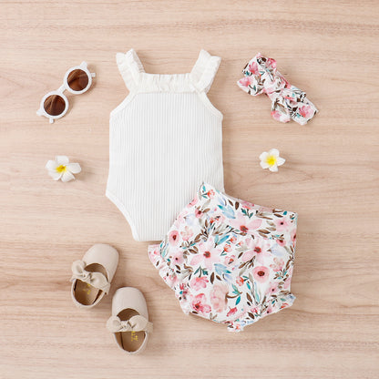 Girls' Vest Onesie Shorts Three-piece Set