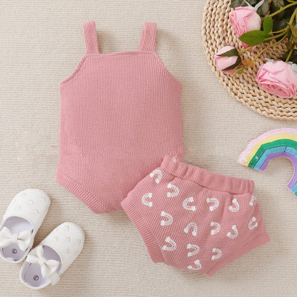 Rainbow Element Waffle Sleeveless Top And Shorts Set