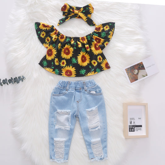 Broken Holes Pants Headscarf Three-piece Set